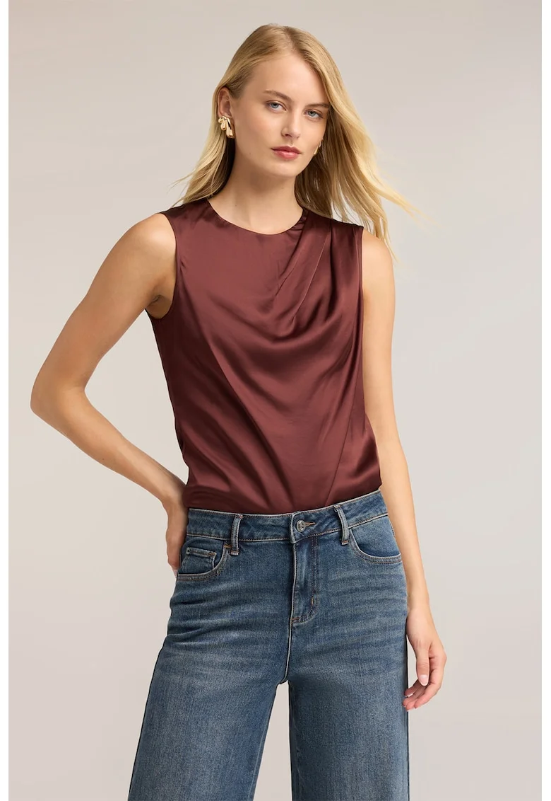Top de satin cu drapaje, Maro cognac