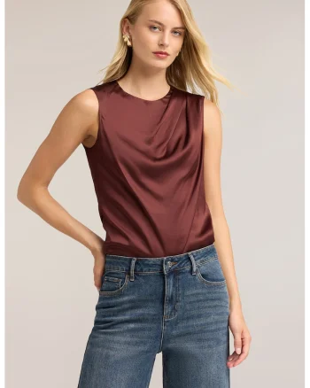 Top de satin cu drapaje, Maro cognac