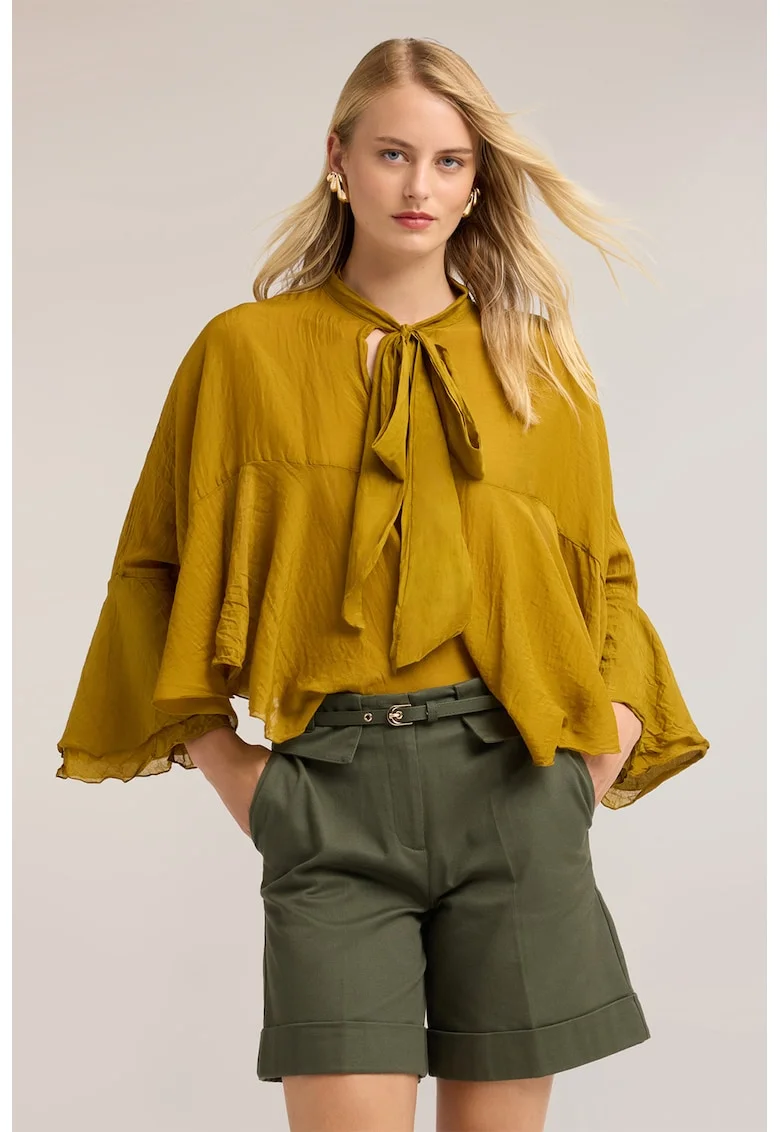 Bluza din matase si bumbac cu volane, Ocru