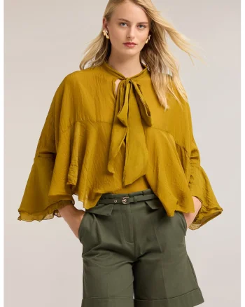 Bluza din matase si bumbac cu volane, Ocru