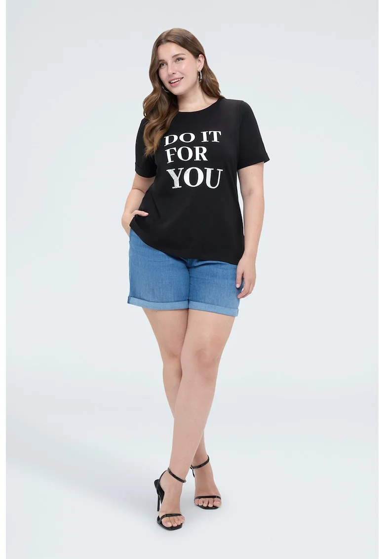 Tricou cu decolteu la baza gatului si imprimeu text, Negru