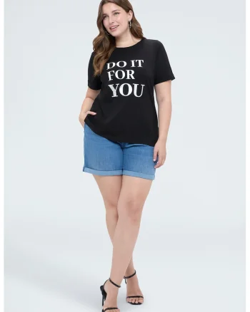 Tricou cu decolteu la baza gatului si imprimeu text, Negru