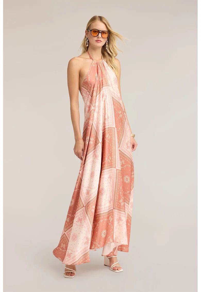 Rochie maxi din satin cu decolteu halter, Roz prafuit/Crem
