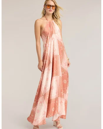 Rochie maxi din satin cu decolteu halter, Roz prafuit/Crem