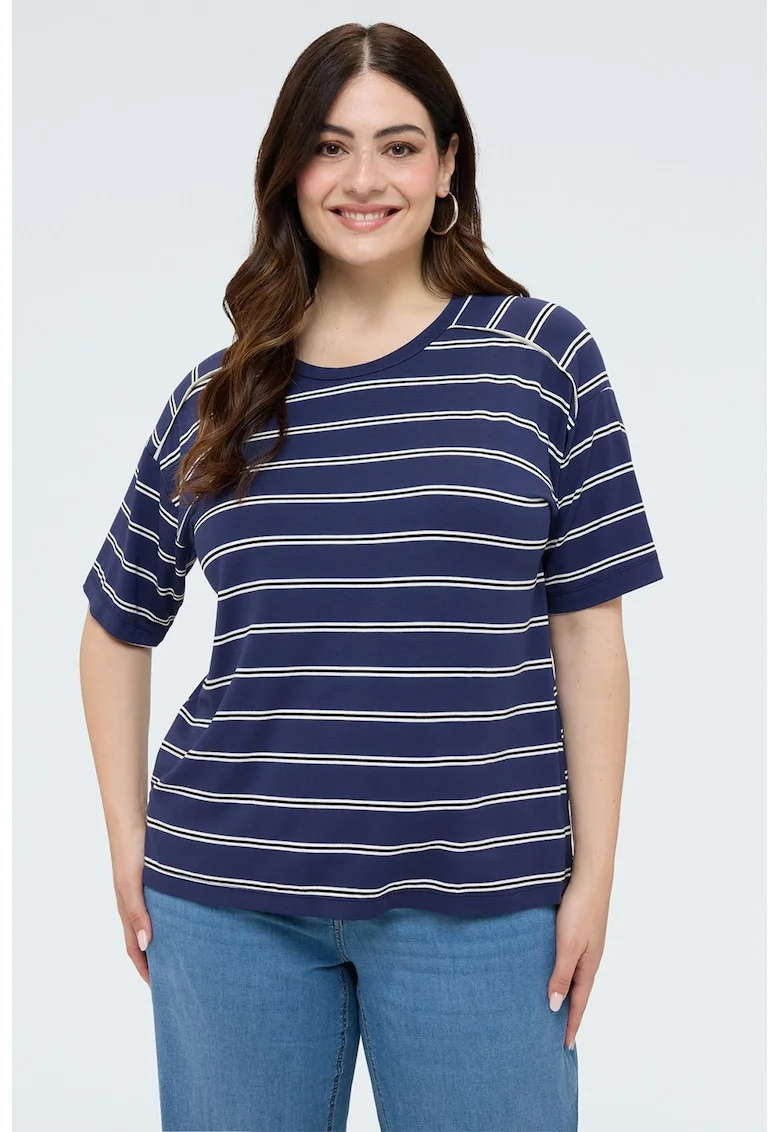 Tricou cu model in dungi si maneci raglan, Alb/Bleumarin