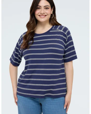 Tricou cu model in dungi si maneci raglan, Alb/Bleumarin