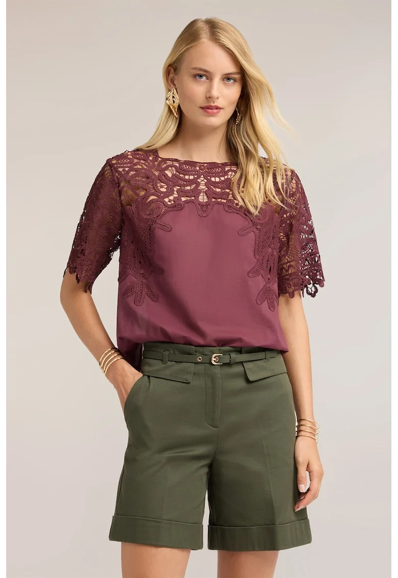 Bluza din bumbac cu dantela macrame, Violet pruna