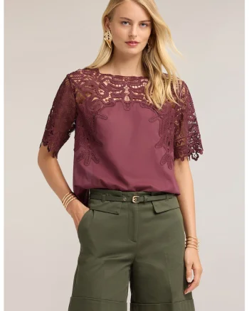 Bluza din bumbac cu dantela macrame, Violet pruna