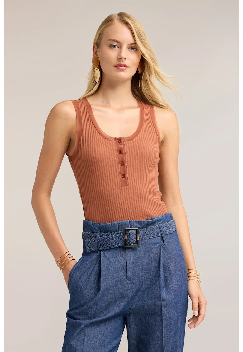 Top slim fit cu fenta scurta cu nasturi, Portocaliu persan