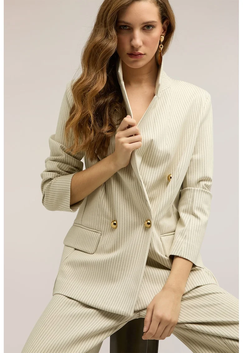Sacou cu model in dungi si revere decupate, Bej sampanie