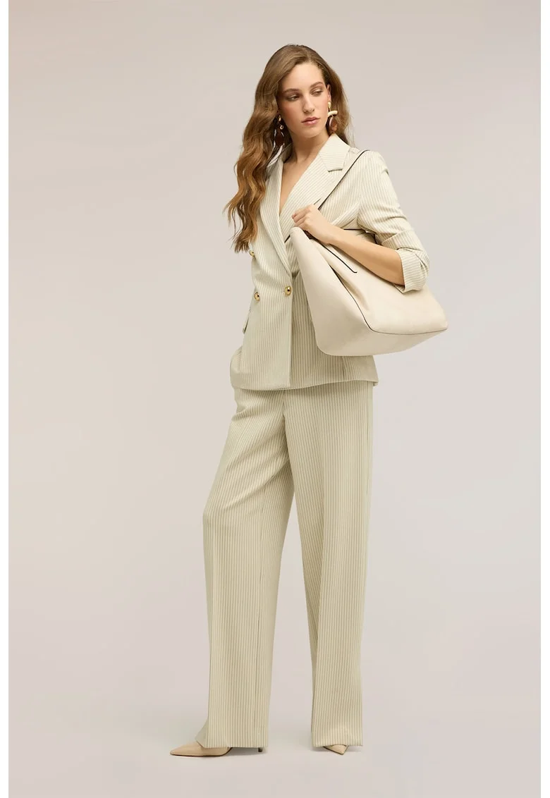Pantaloni cu croiala ampla si model in dungi, Bej sampanie