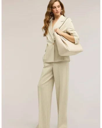 Pantaloni cu croiala ampla si model in dungi, Bej sampanie