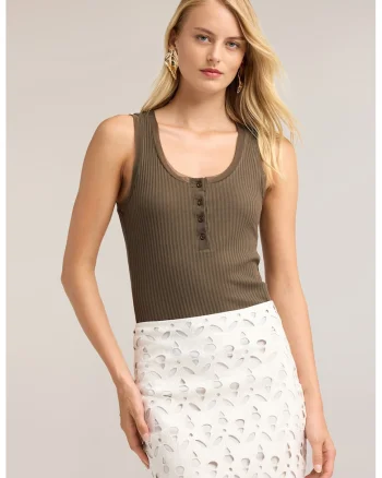 Top slim fit cu fenta scurta cu nasturi, Maro taupe inchis