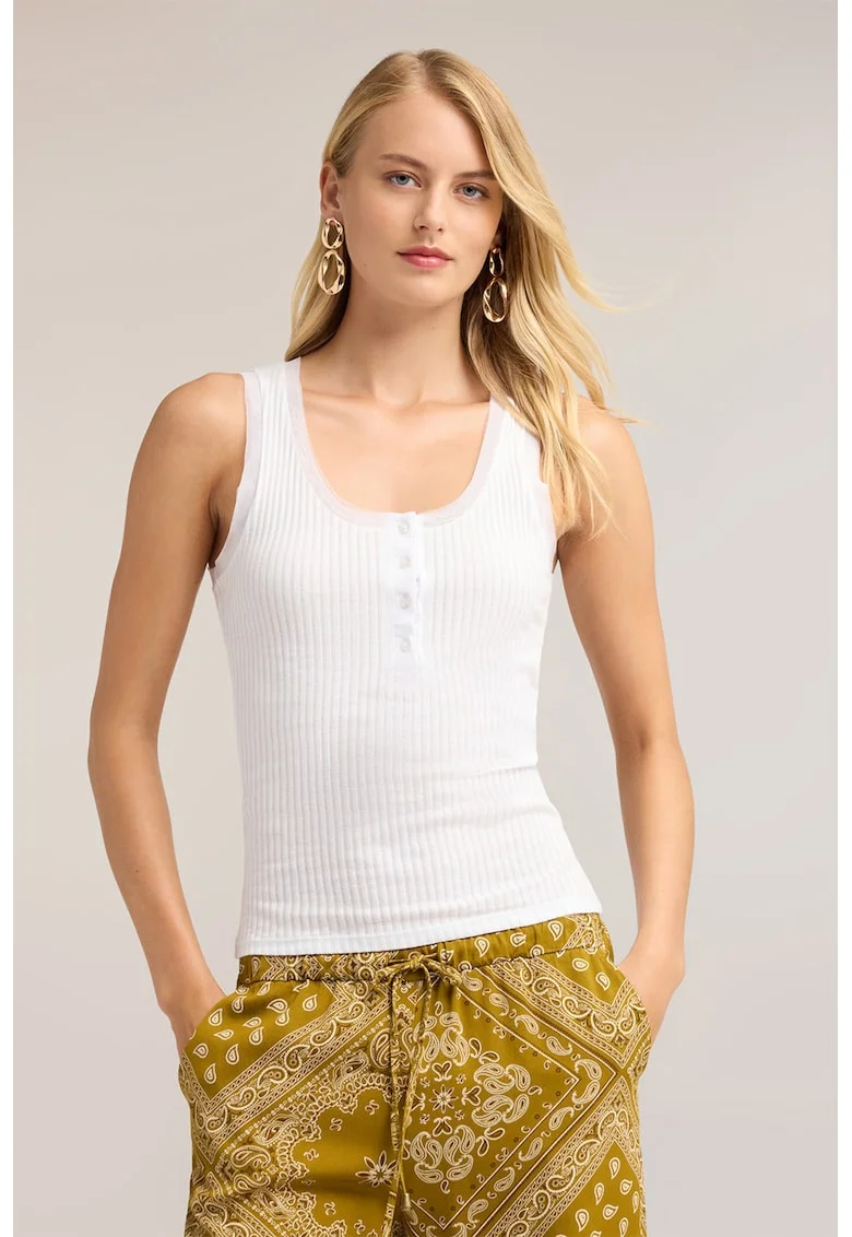 Top slim fit cu fenta scurta cu nasturi, Alb optic