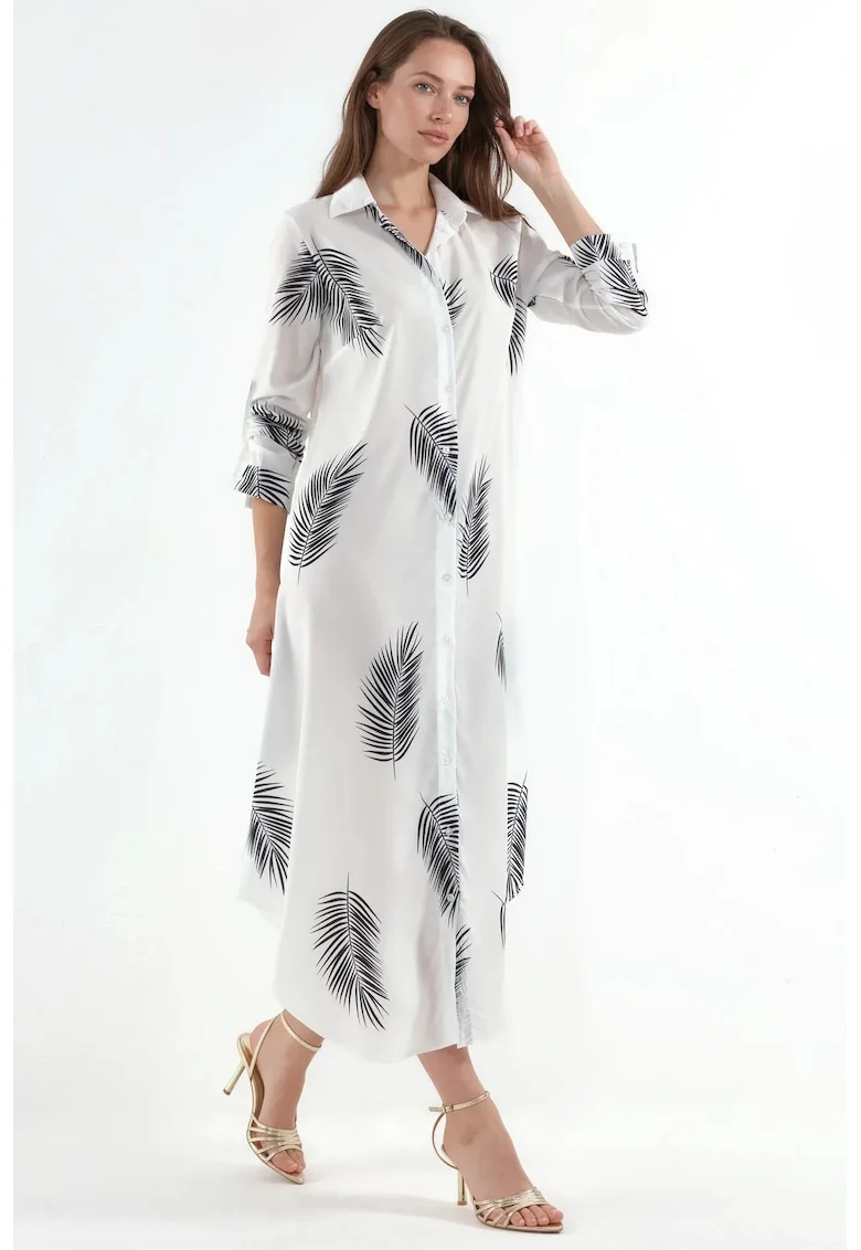 Rochie camasa maxi,  imprimeu text, alb, poliestedwqfwqr si lycra, Alb