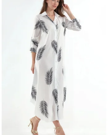 Rochie camasa maxi,  imprimeu text, alb, poliestedwqfwqr si lycra, Alb