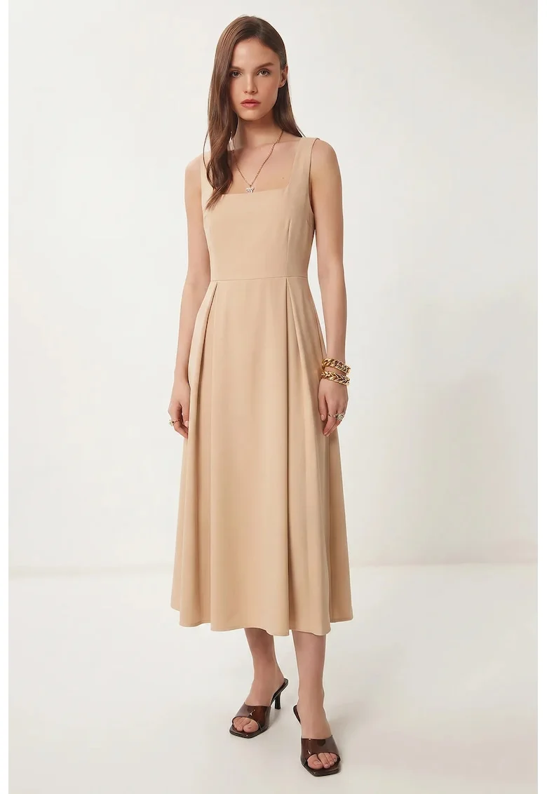Rochie Midi, Happiness Istanbul, A-line, guler patrat, poliestwqfwqer, Bej Natural