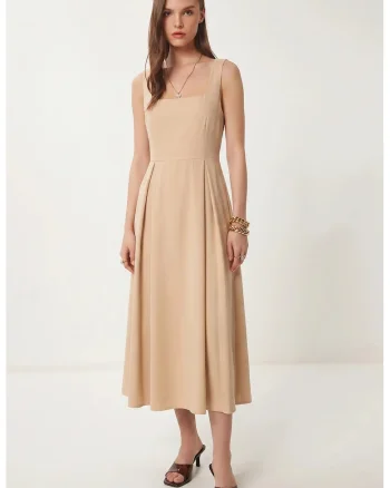 Rochie Midi, Happiness Istanbul, A-line, guler patrat, poliestwqfwqer, Bej Natural