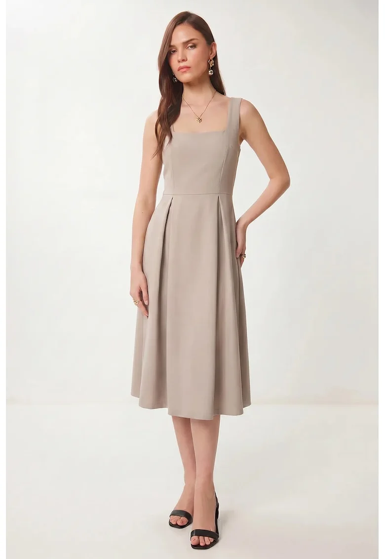 Rochie Midi, Happiness Istanbul, A-line, guler patrat, poliestwqfwqer, Piatra Naturala