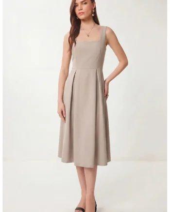 Rochie Midi, Happiness Istanbul, A-line, guler patrat, poliestwqfwqer, Piatra Naturala