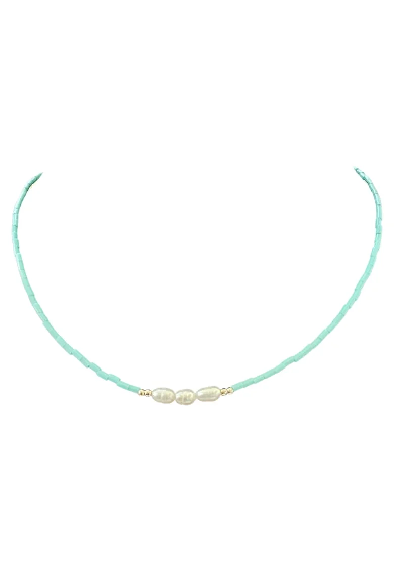 Colier din margele Miyuki turcoaz si perle de cultura cu argint 925, 40 + 4 cm
