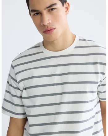 Tricou din bumbac cu dungi, Alb/Gri