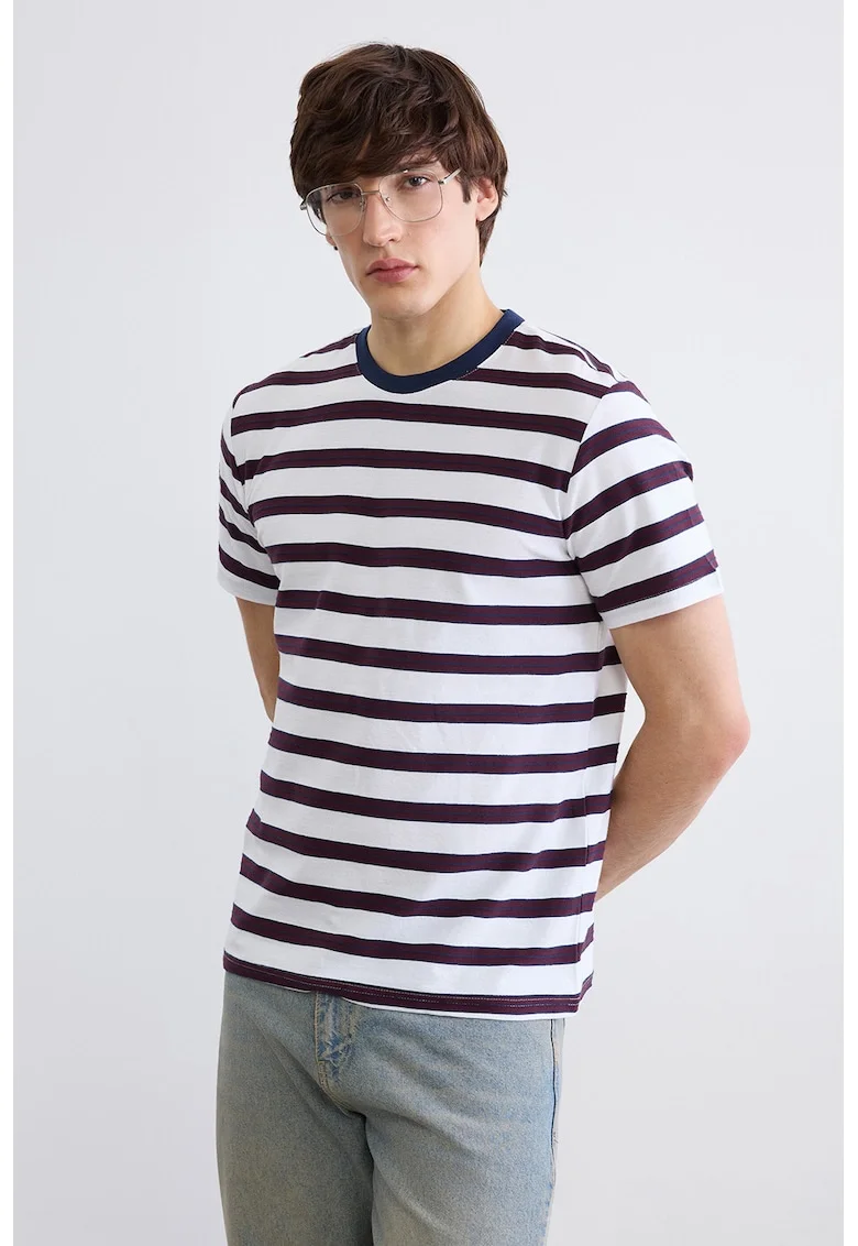 Tricou din bumbac cu dungi, Alb/Violet pruna/Bleumarin