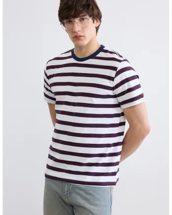 Tricou din bumbac cu dungi, Alb/Violet pruna/Bleumarin