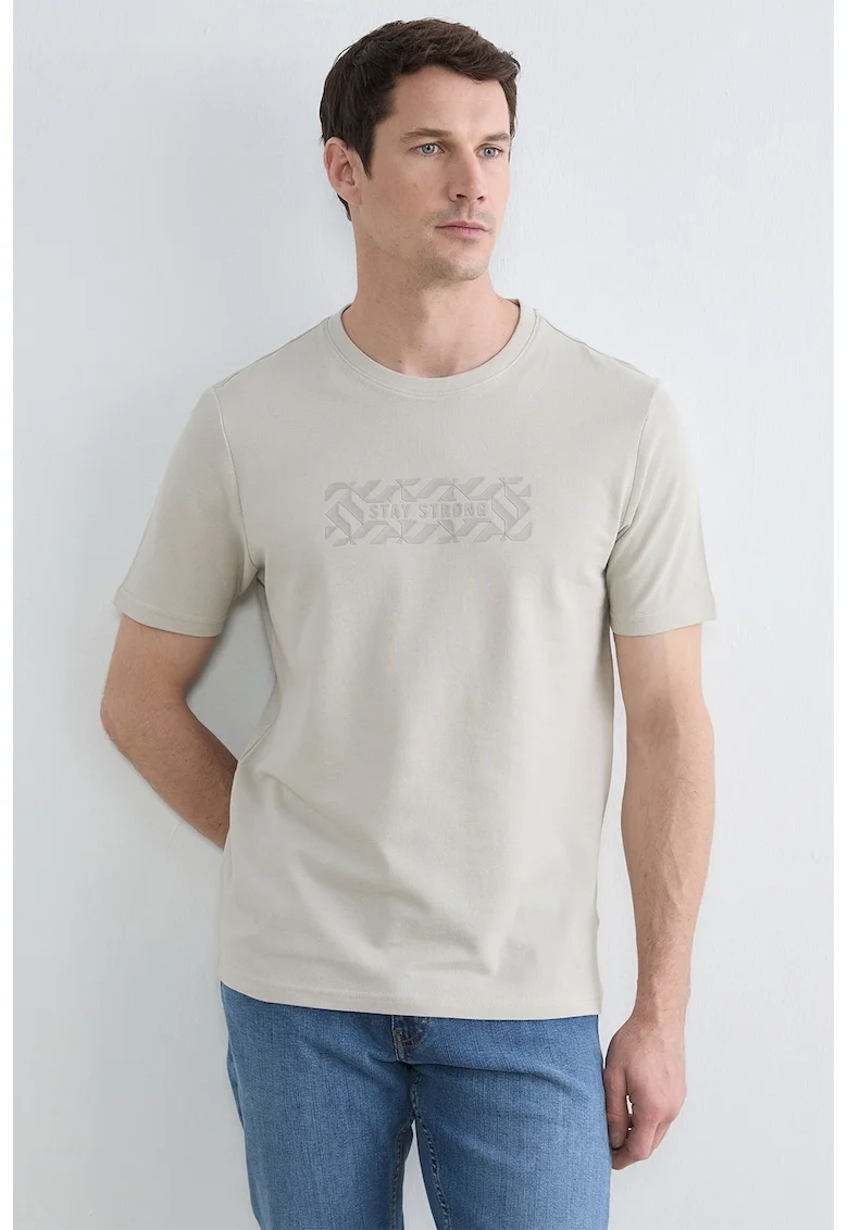 Tricou de bumbac cu decolteu la baza gatului, Maro taupe deschis