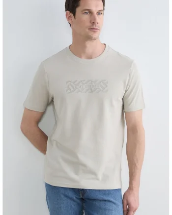 Tricou de bumbac cu decolteu la baza gatului, Maro taupe deschis