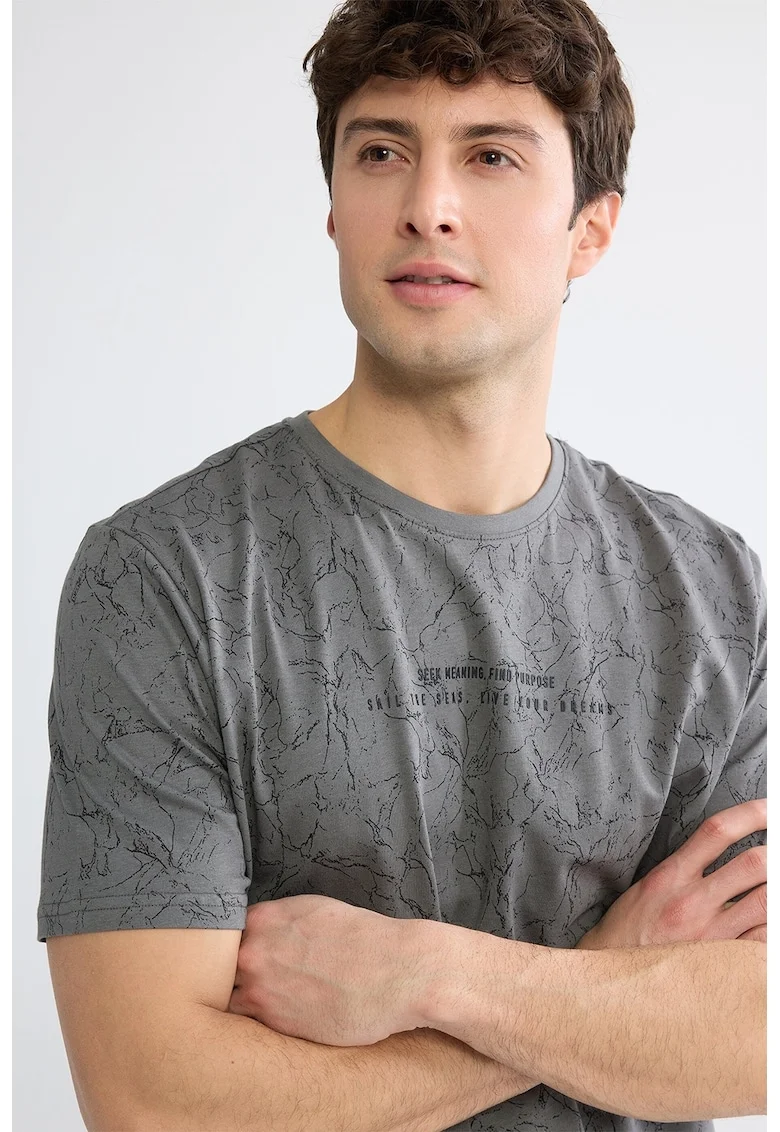 Tricou de bumbac cu imprimeu, Negru/Gri inchis