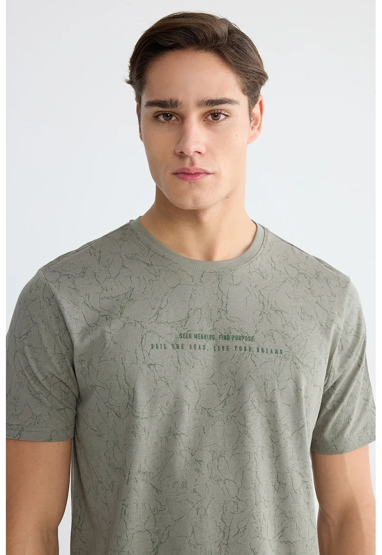 Tricou de bumbac cu imprimeu, Verde padure/Gri cenusiu