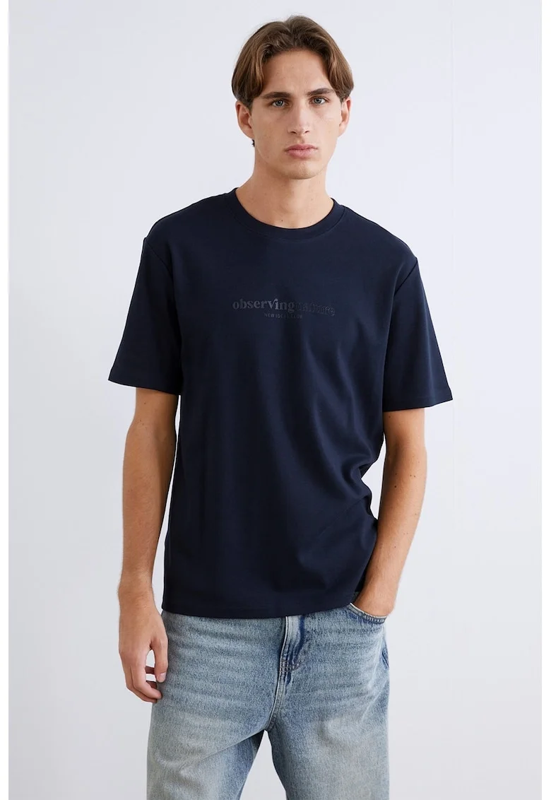 Tricou cu decolteu la baza gatului si design text, Bleumarin