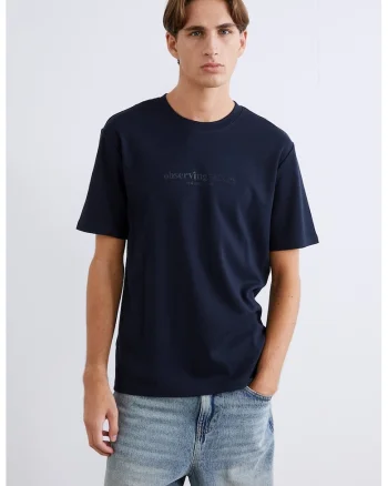 Tricou cu decolteu la baza gatului si design text, Bleumarin