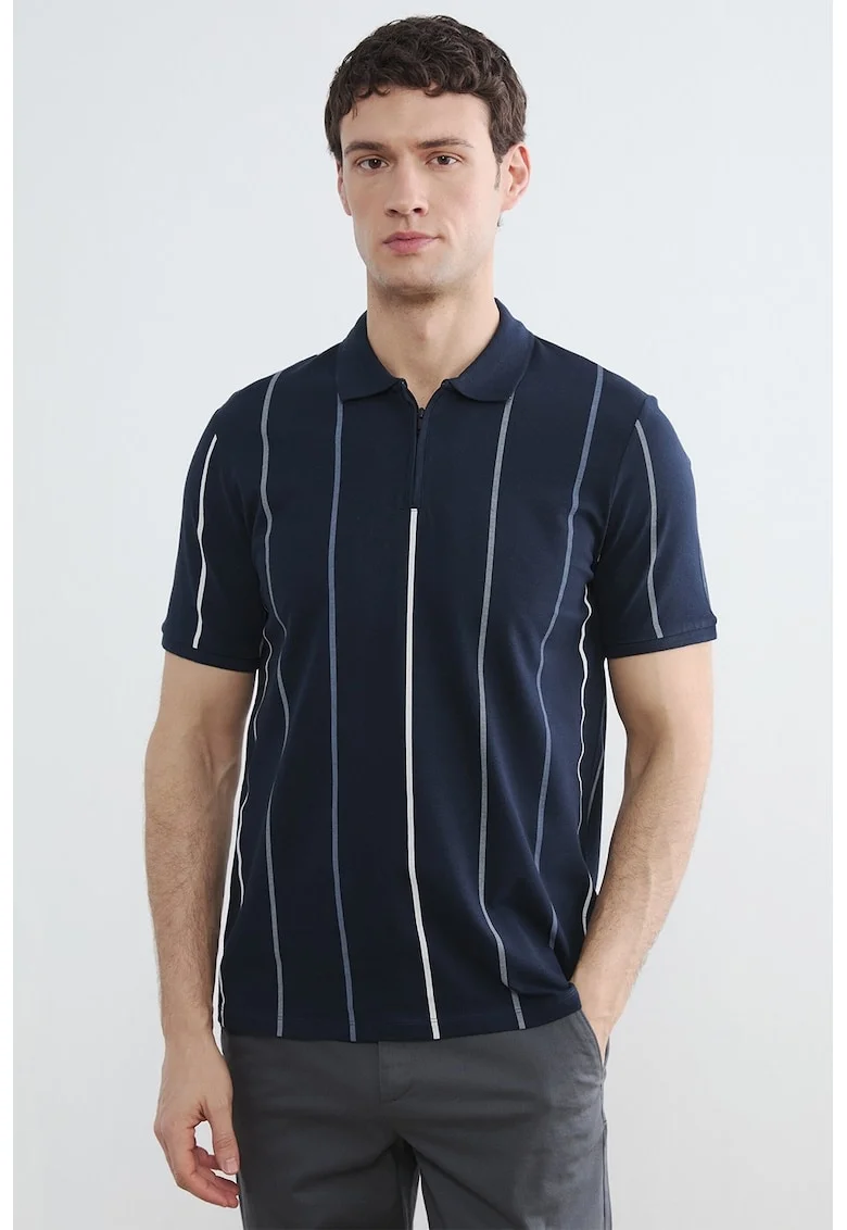 Tricou polo slim fit cu model in dungi, Alb/Gri/Albastru ultramarin/Albastru prafuit
