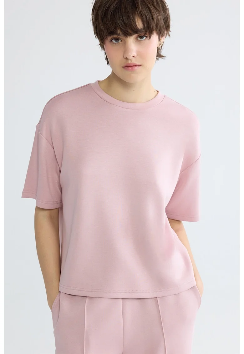 Tricou cu decolteu la baza gatului si maneci cazute, Roz prafuit