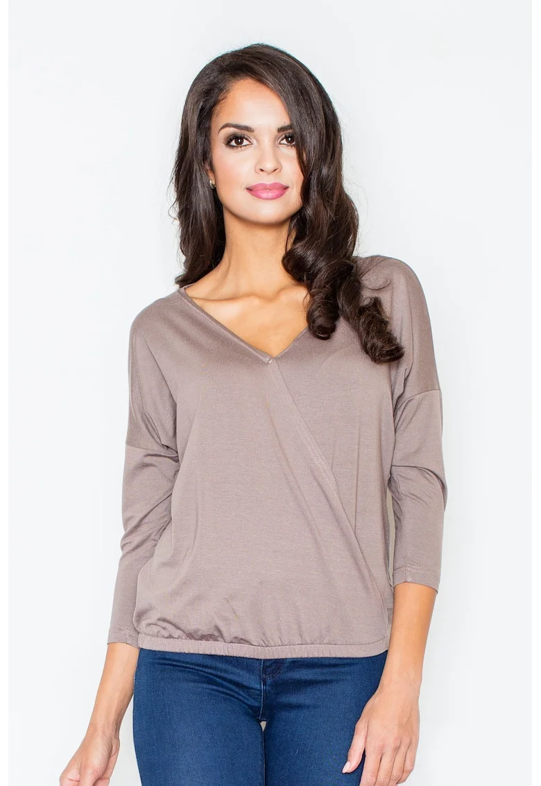 Bluza dama,  Viscoza/Elastan, Decolteu V, Maro
