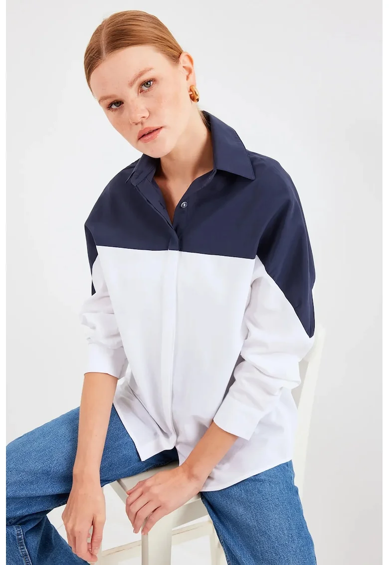 Camasa HiCCUP supradimensionata din poplin, cu blocuri, Bleumarin
