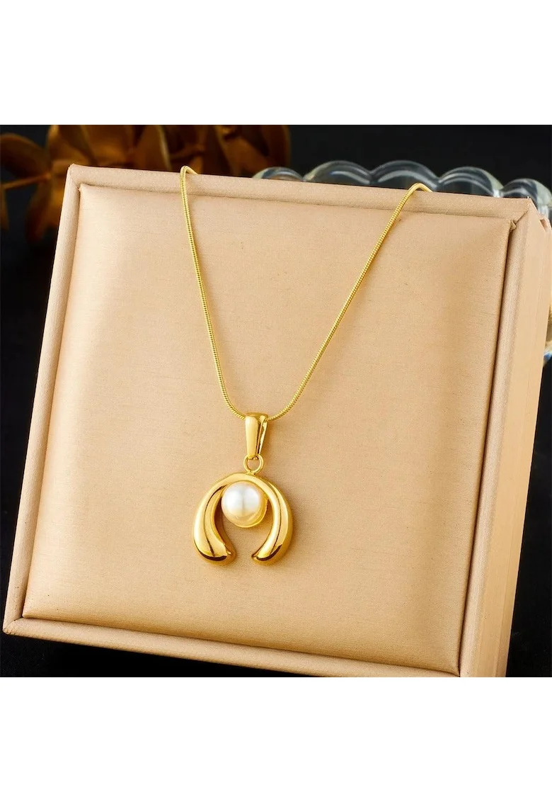 Colier auriu, din otel inoxidabil, suflat cu aur 18k, cu perla, Elia C2