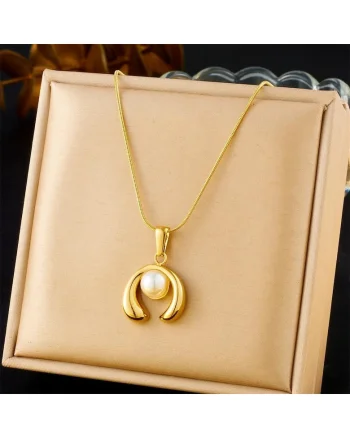 Colier auriu, din otel inoxidabil, suflat cu aur 18k, cu perla, Elia C2