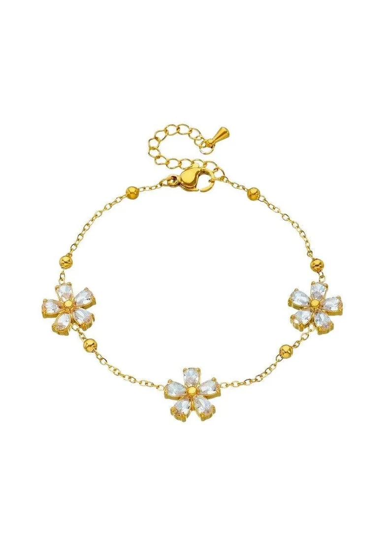 Bratara aurie, din otel inoxidabil, suflata cu aur 18k, cu pietre si floricele, Esaiana C3