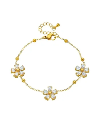 Bratara aurie, din otel inoxidabil, suflata cu aur 18k, cu pietre si floricele, Esaiana C3