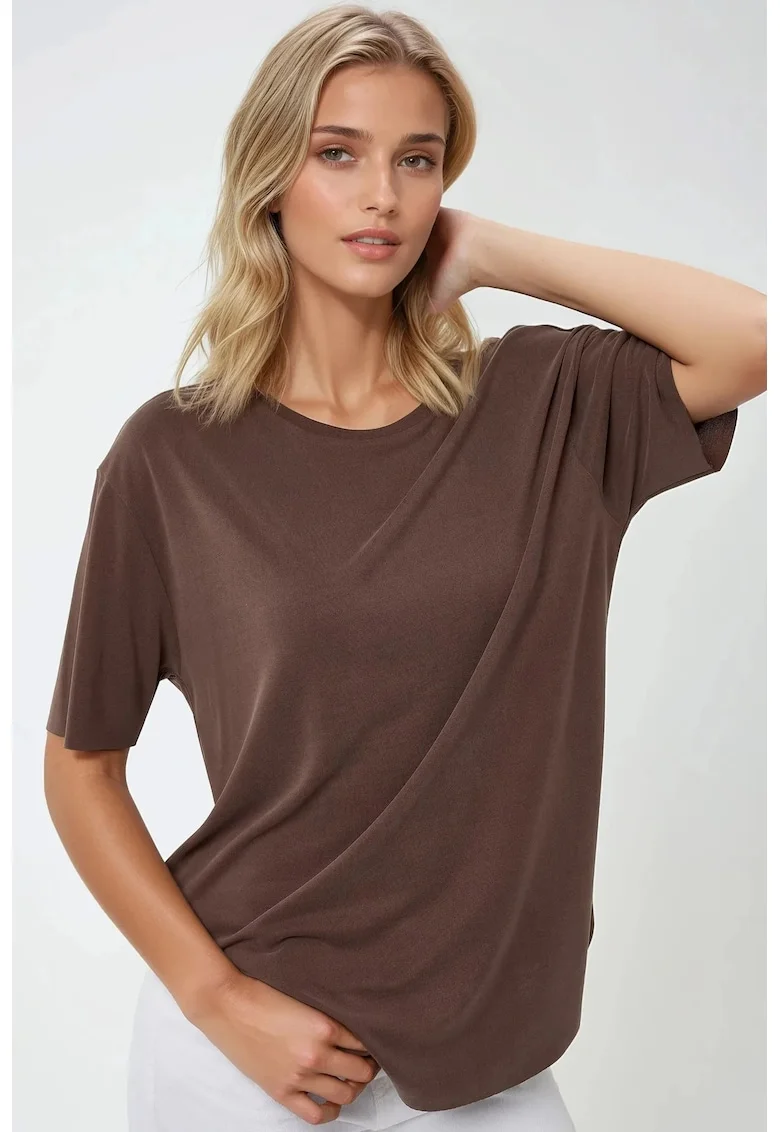 Tricou dama  tricotat, guler rotund, croiala lejera, maro, Maro