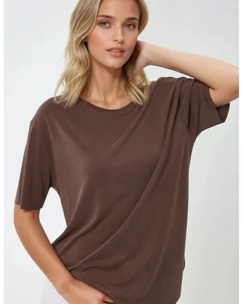 Tricou dama  tricotat, guler rotund, croiala lejera, maro, Maro