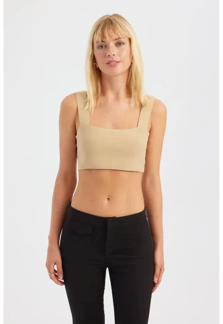 Top ,  top scurt cu decolteu patrat, bej, material textil