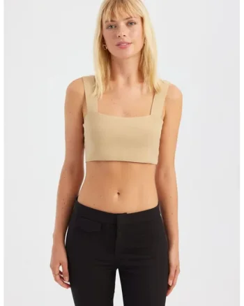 Top ,  top scurt cu decolteu patrat, bej, material textil