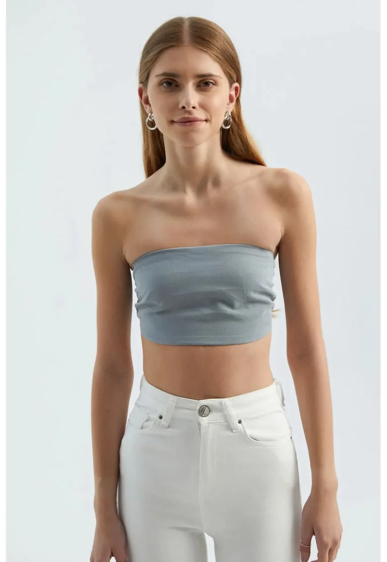 Top scurt,  fara bretele, elegant, gri, textil