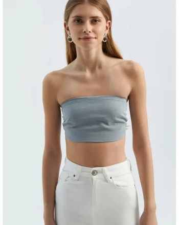Top scurt,  fara bretele, elegant, gri, textil