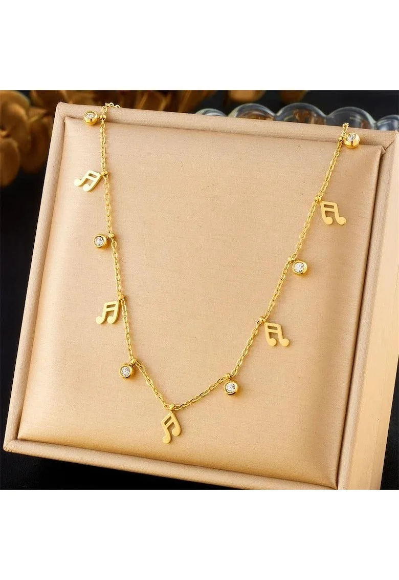 Colier auriu, din otel inoxidabil, suflat cu aur 18k, cu note muzicale si pietre, Eira C2