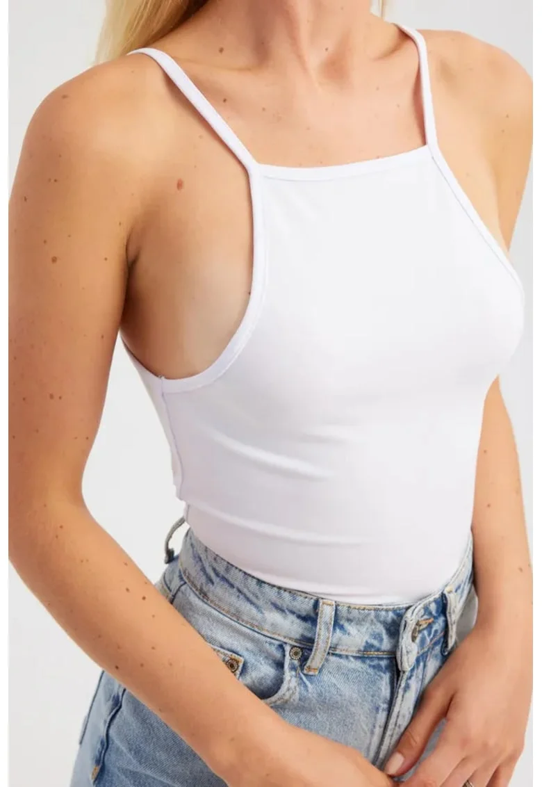 Top cami,  bumbac, decolteu halter, alb, jerseu